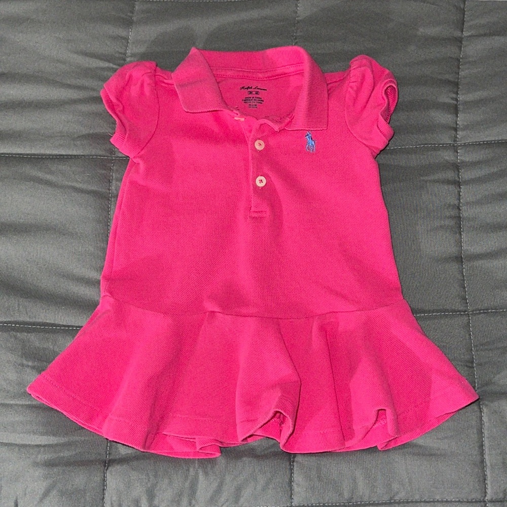Ralph Lauren Polo Pink Ruffled Dress With Blue embroidered logo 3 months